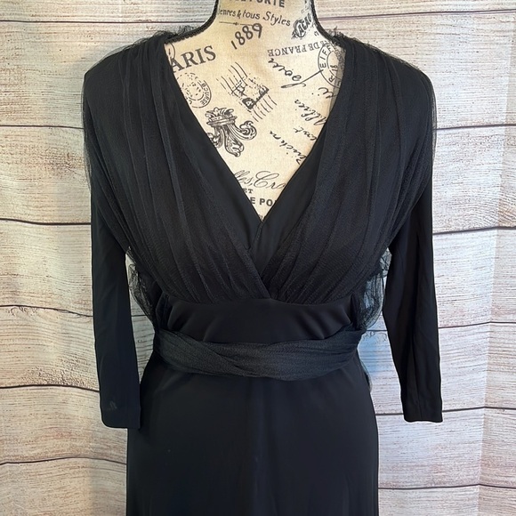 Lida Baday Cocktail Dress Tulle Bodice & Sash LBD V-neck 3/4 Sleeves Size Medium - Picture 3 of 11